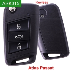 MQB ASK315 MHz Megamos AES Chip 3 Buttons Keyless-Go Smart Key For 2015-2019 Atlas/Passat (Black Tail)