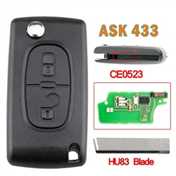 ASK433.92MHz HITAG 2 ID46/ PCF7942A Chip 2 Buttons 0523Model Flip Folding Remote Car Key For Citroen/Peugeot HU83 Blade